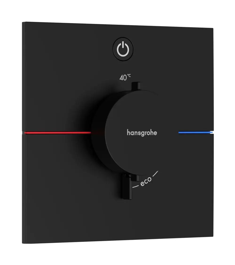 Schwarzes Thermostat von Hansgrohe mit Drehknopf zur Temperatureinstellung und Eco-Funktion, ausgestattet mit einem Ein/Aus-Schalter oben.
